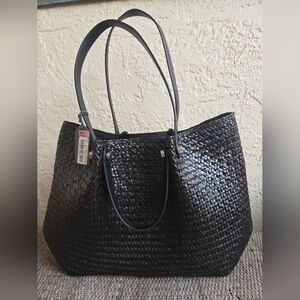 AllSaints Woven Tote Bag Black Raffia Leather Large Shopper w/ Pouch